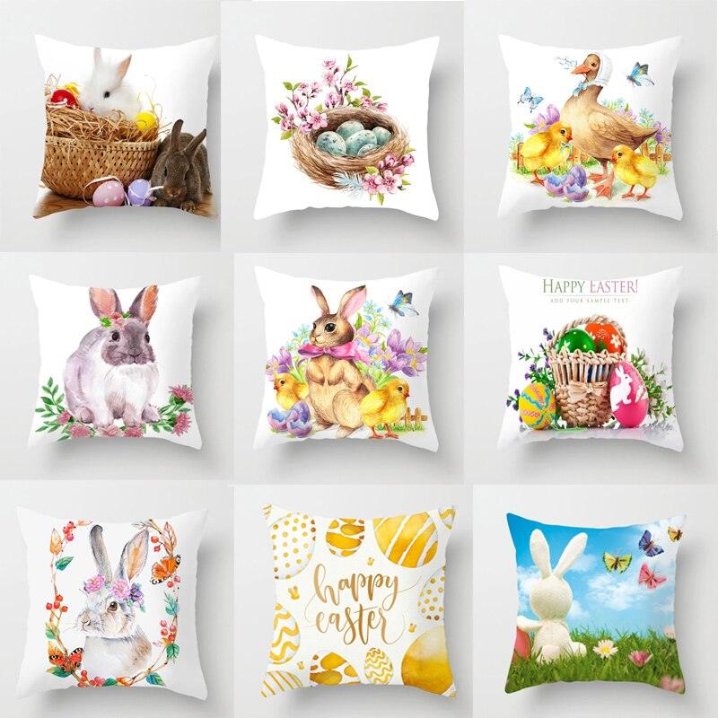 Happy Easter Pillowcase Easter Decorations For Home Party Rabbit Eggs Spring Easter Decor Linen Throw Pillow Cover Case Farmhouse Eggs Tree Rabbit Holiday Cushion Cover Polyester Pillow Cover Stevvex