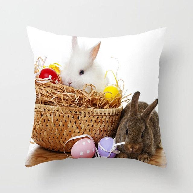 Happy Easter Pillowcase Easter Decorations For Home Party Rabbit Eggs Spring Easter Decor Linen Throw Pillow Cover Case Farmhouse Eggs Tree Rabbit Holiday Cushion Cover Polyester Pillow Cover Stevvex