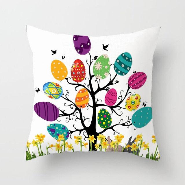 Happy Easter Pillowcase Easter Decorations For Home Party Rabbit Eggs Spring Easter Decor Linen Throw Pillow Cover Case Farmhouse Eggs Tree Rabbit Holiday Cushion Cover Polyester Pillow Cover Stevvex