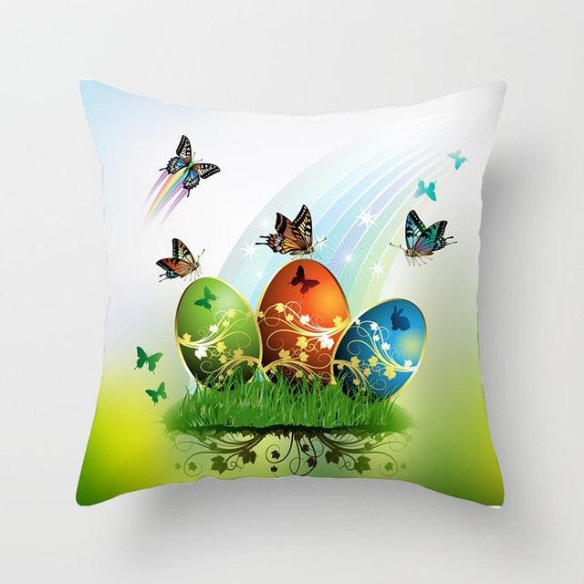 Happy Easter Pillowcase Easter Decorations For Home Party Rabbit Eggs Spring Easter Decor Linen Throw Pillow Cover Case Farmhouse Eggs Tree Rabbit Holiday Cushion Cover Polyester Pillow Cover Stevvex