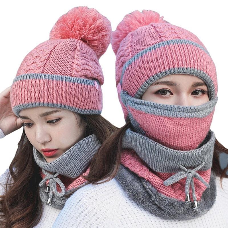 Hats Women Winter Knitted Velvet Thick Bib Mask Ear Protector Skellies Beanie Hat Riding Caps Female Warm Wool Cap Outdoor Sport Warm Beanies Hat For Men Knitted Hats Bandana Hiking Camping Kid Beanie Cap Mask Scarf Hat Set Neck Warmer Cap Stevvex
