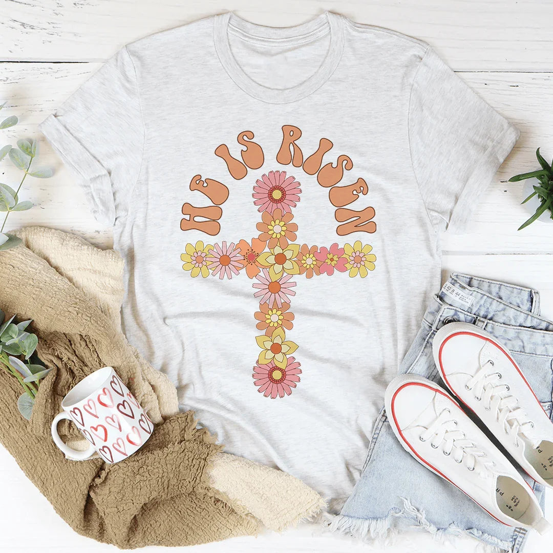 He Is Risen Floral Cross Tee Peachy Sunday