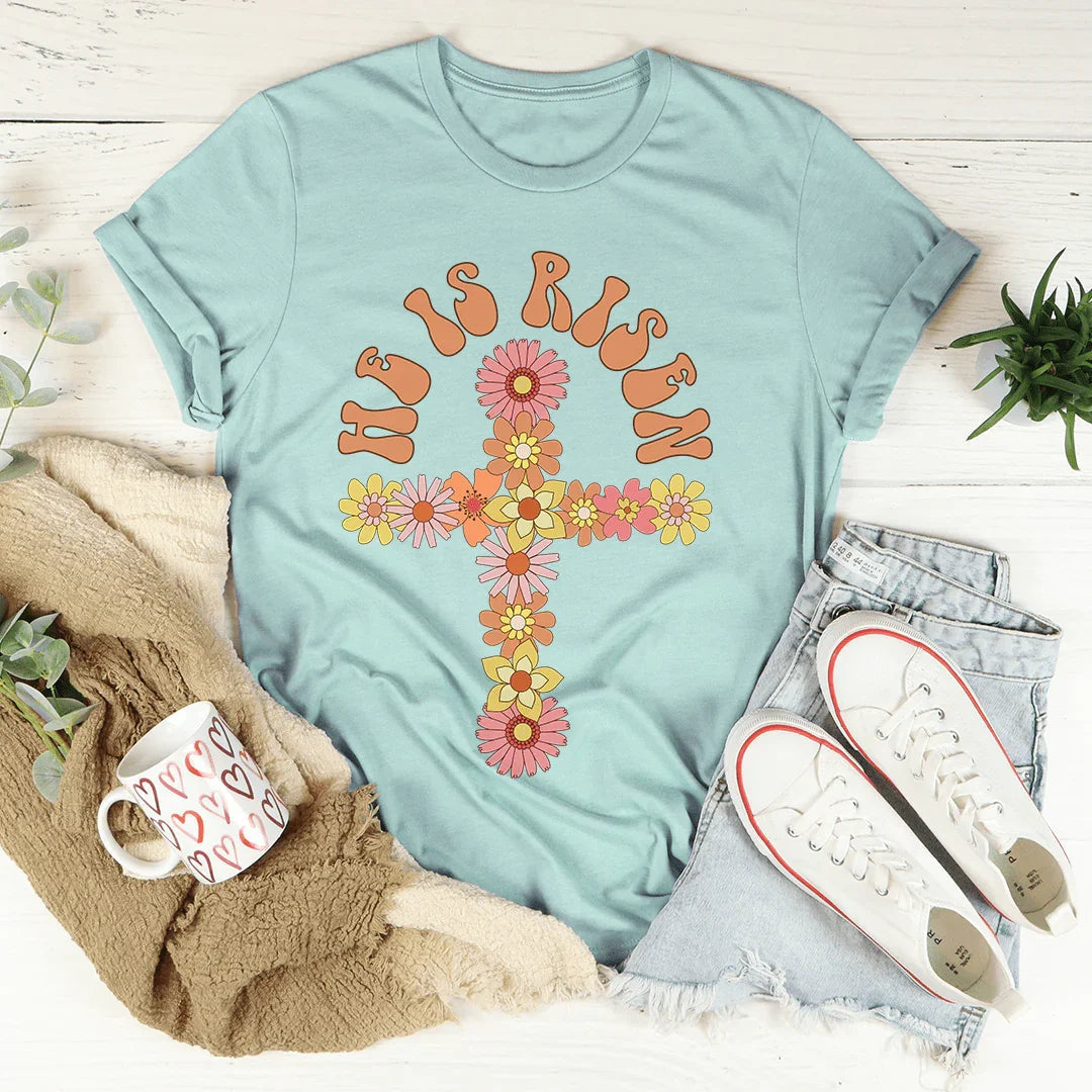 He Is Risen Floral Cross Tee Peachy Sunday