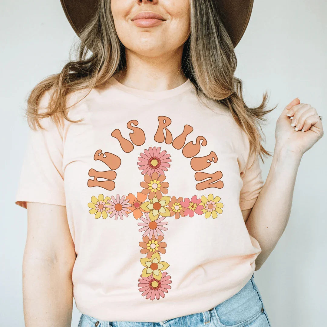 He Is Risen Floral Cross Tee Peachy Sunday
