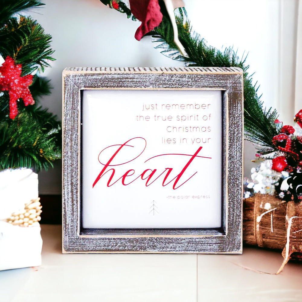 Christmas Heart 5 Inch Wood Framed Metal Embossed Sign Holiday Wall Decor Rustic Home BandsCo Straps