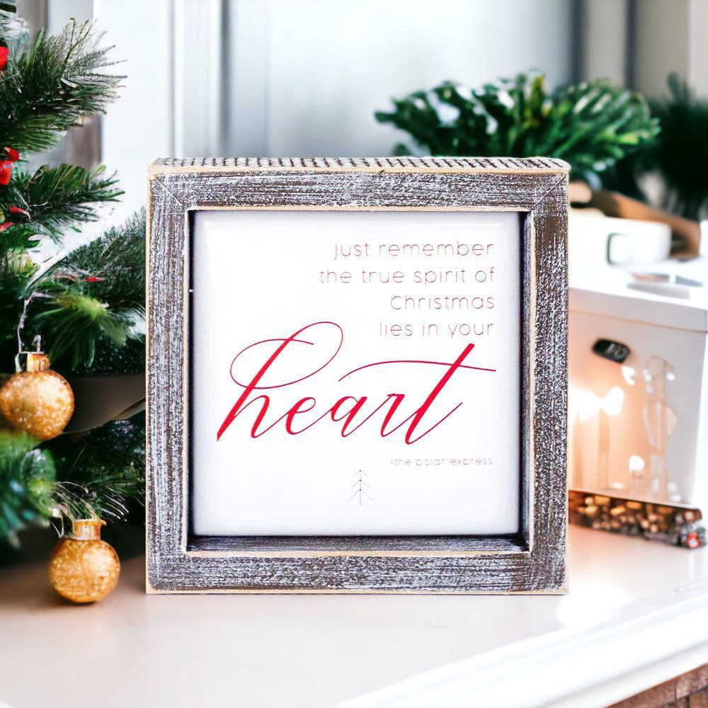 Christmas Heart 5 Inch Wood Framed Metal Embossed Sign Holiday Wall Decor Rustic Home BandsCo Straps