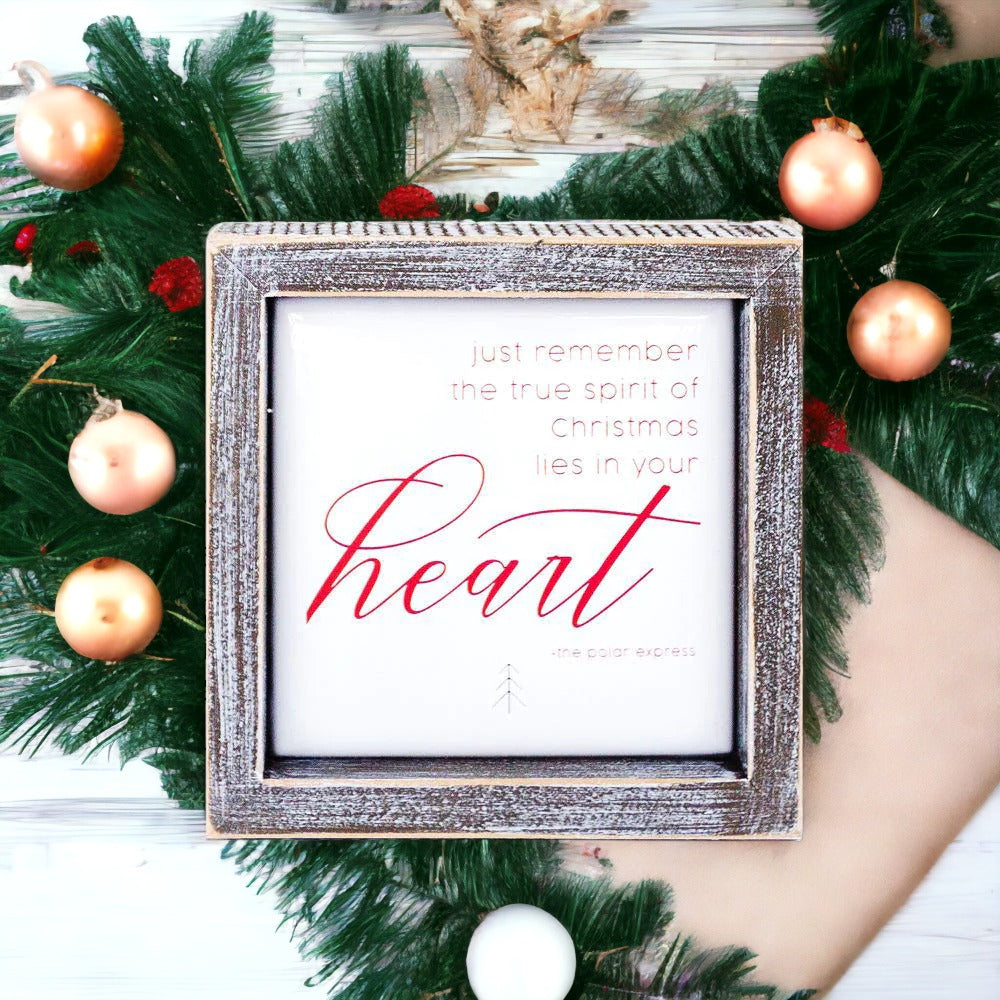 Christmas Heart 5 Inch Wood Framed Metal Embossed Sign Holiday Wall Decor Rustic Home BandsCo Straps