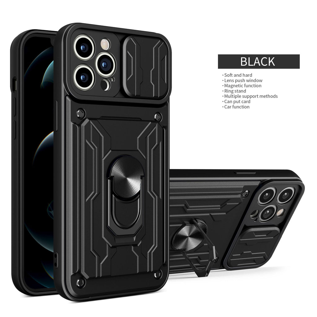 Heavy Duty Armor Case Card Pocket for iPhone 11 Pro 7 8 Plus Magnetic Phone Holder Cover Slide Lens Protection Design Card Holder Slot With Rotating Ring Armor Bumper Shockproof Case Stevvex