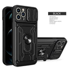 Heavy Duty Armor Case Card Pocket for iPhone 11 Pro 7 8 Plus Magnetic Phone Holder Cover Slide Lens Protection Design Card Holder Slot With Rotating Ring Armor Bumper Shockproof Case Stevvex