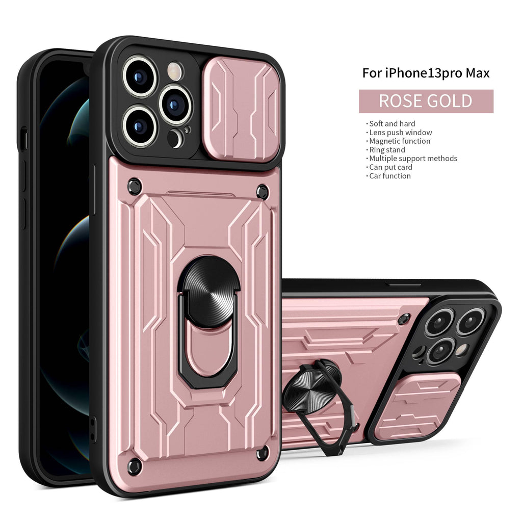 Heavy Duty Armor Case Card Pocket for iPhone 11 Pro 7 8 Plus Magnetic Phone Holder Cover Slide Lens Protection Design Card Holder Slot With Rotating Ring Armor Bumper Shockproof Case Stevvex