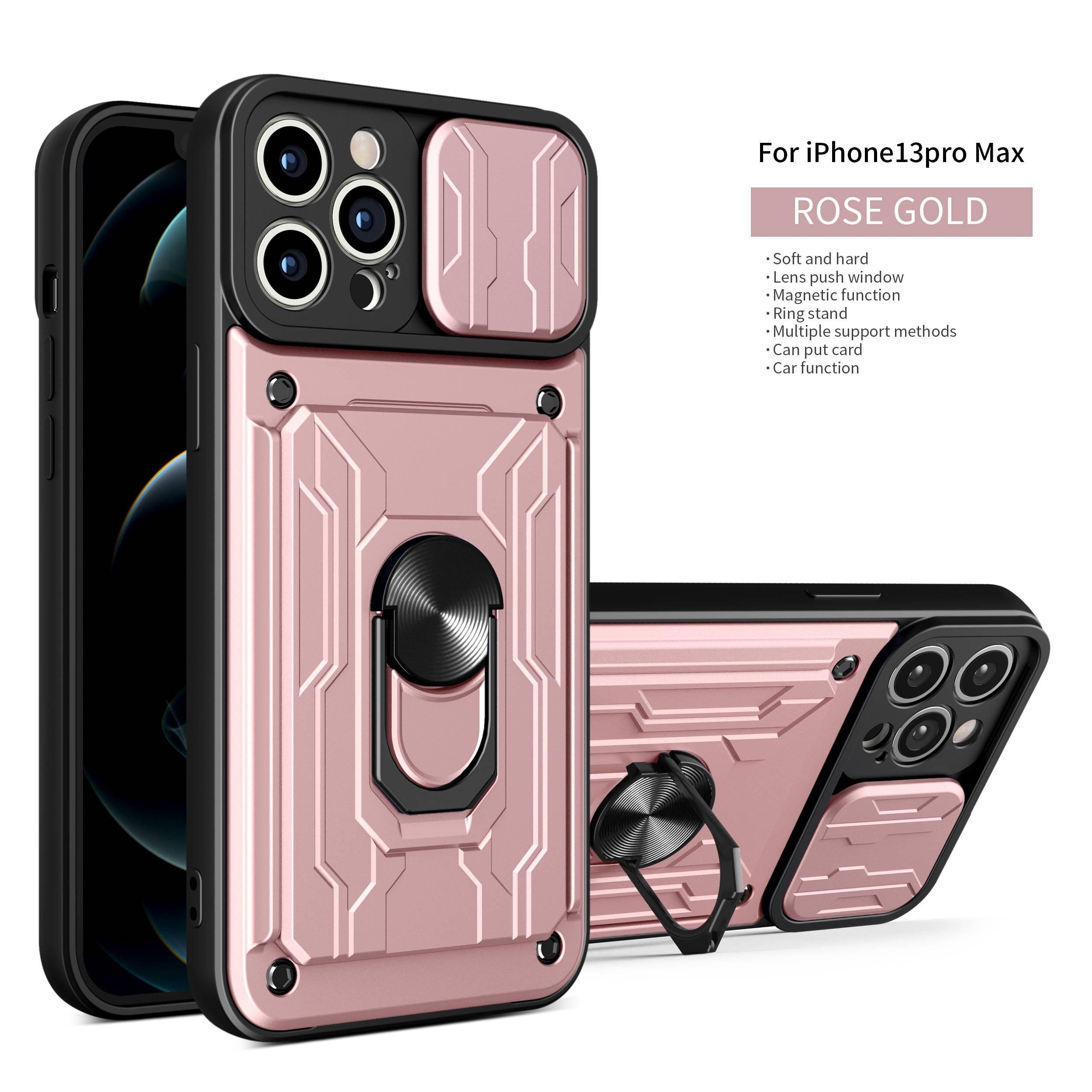Heavy Duty Armor Case Card Pocket for iPhone 11 Pro 7 8 Plus Magnetic Phone Holder Cover Slide Lens Protection Design Card Holder Slot With Rotating Ring Armor Bumper Shockproof Case Stevvex