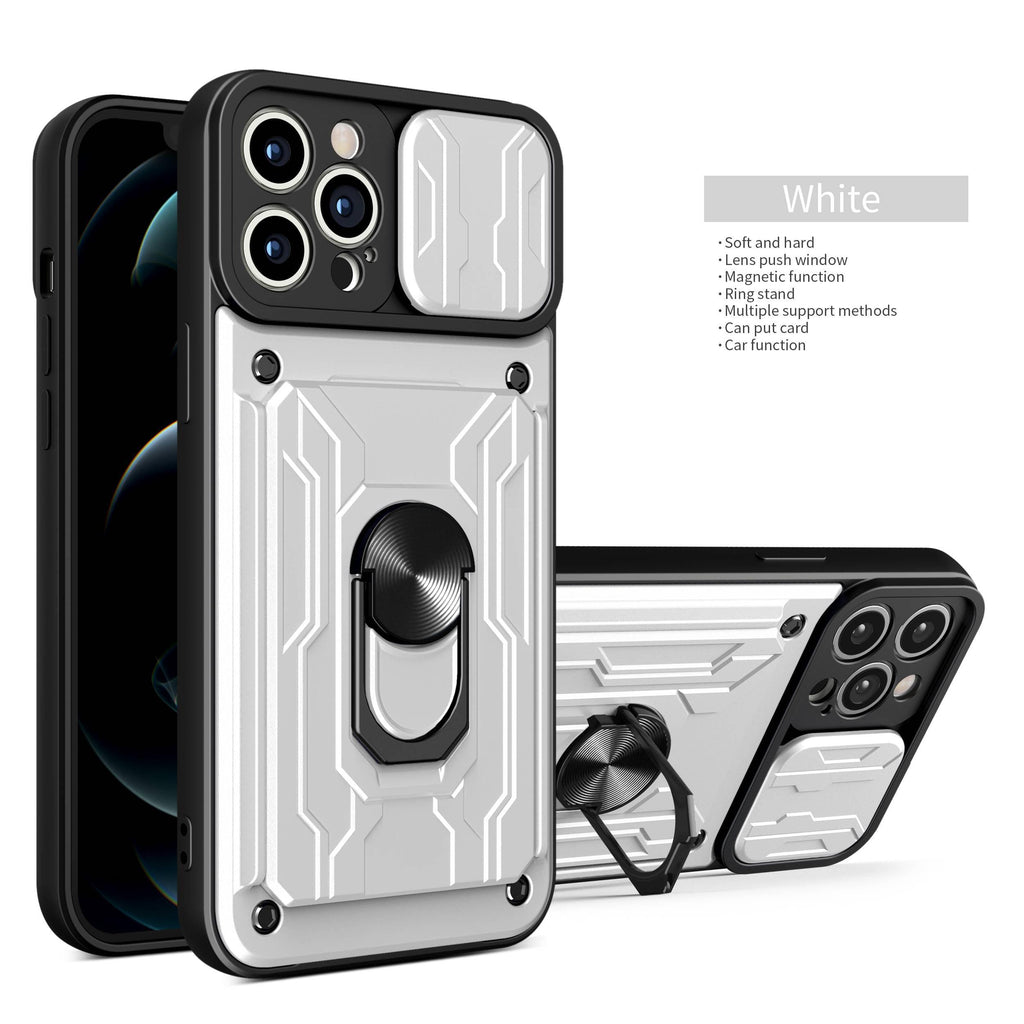 Heavy Duty Armor Case Card Pocket for iPhone 11 Pro 7 8 Plus Magnetic Phone Holder Cover Slide Lens Protection Design Card Holder Slot With Rotating Ring Armor Bumper Shockproof Case Stevvex