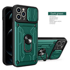Heavy Duty Armor Case Card Pocket for iPhone 11 Pro 7 8 Plus Magnetic Phone Holder Cover Slide Lens Protection Design Card Holder Slot With Rotating Ring Armor Bumper Shockproof Case Stevvex