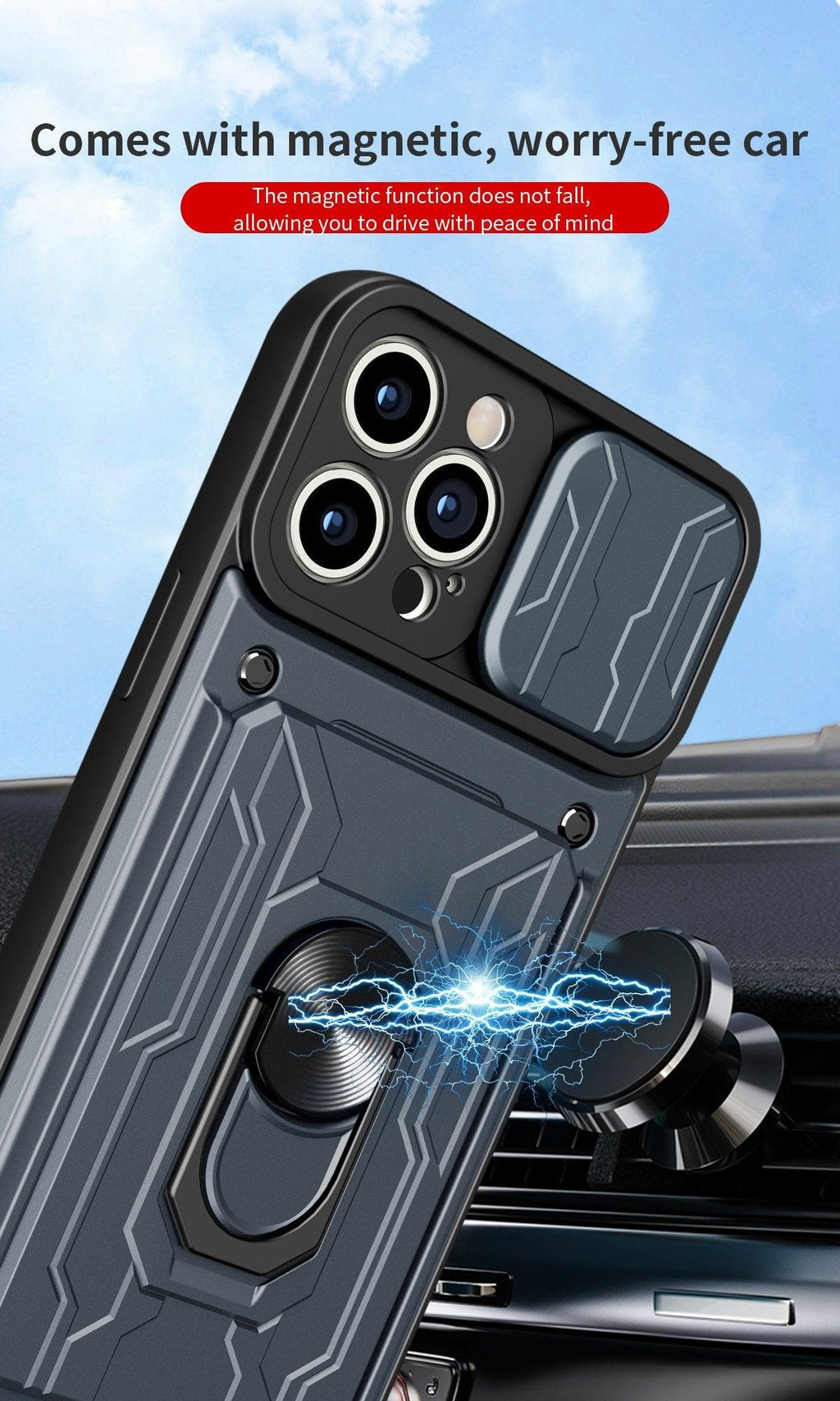 Heavy Duty Armor Case Card Pocket for iPhone 11 Pro 7 8 Plus Magnetic Phone Holder Cover Slide Lens Protection Design Card Holder Slot With Rotating Ring Armor Bumper Shockproof Case Stevvex