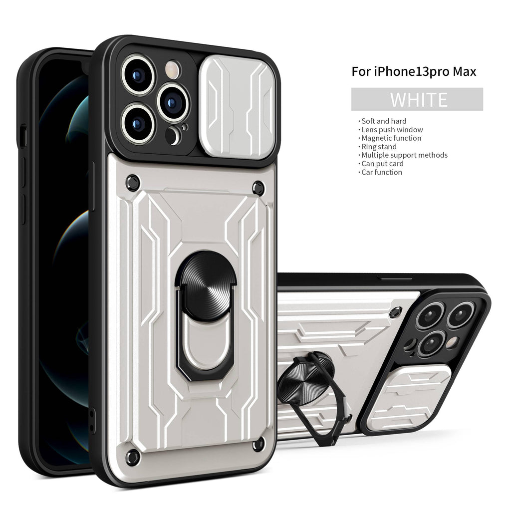 Heavy Duty Armor Case Card Pocket for iPhone 11 Pro 7 8 Plus Magnetic Phone Holder Cover Slide Lens Protection Design Card Holder Slot With Rotating Ring Armor Bumper Shockproof Case Stevvex