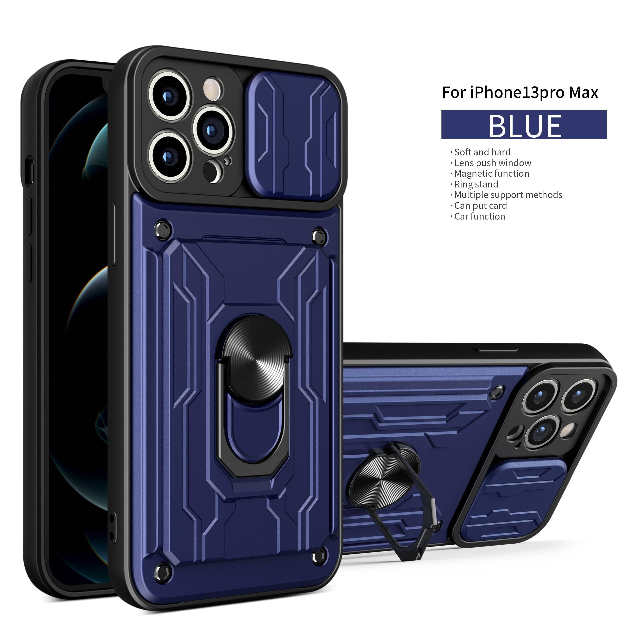 Heavy Duty Armor Case Card Pocket for iPhone 11 Pro 7 8 Plus Magnetic Phone Holder Cover Slide Lens Protection Design Card Holder Slot With Rotating Ring Armor Bumper Shockproof Case Stevvex