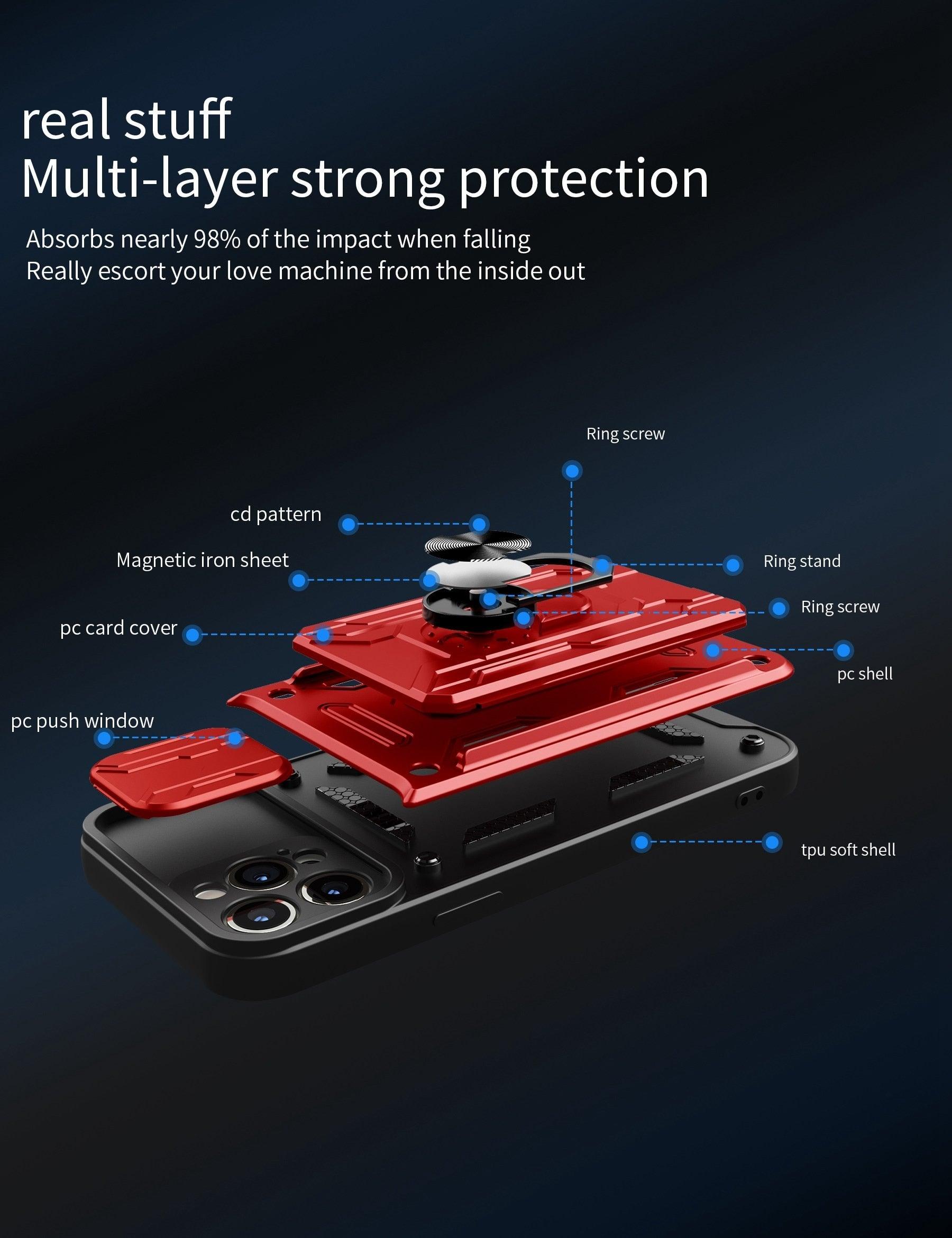 Heavy Duty Armor Case Card Pocket for iPhone 11 Pro 7 8 Plus Magnetic Phone Holder Cover Slide Lens Protection Design Card Holder Slot With Rotating Ring Armor Bumper Shockproof Case Stevvex