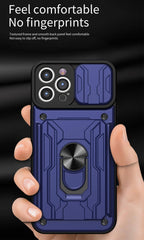 Heavy Duty Armor Case Card Pocket for iPhone 11 Pro 7 8 Plus Magnetic Phone Holder Cover Slide Lens Protection Design Card Holder Slot With Rotating Ring Armor Bumper Shockproof Case Stevvex