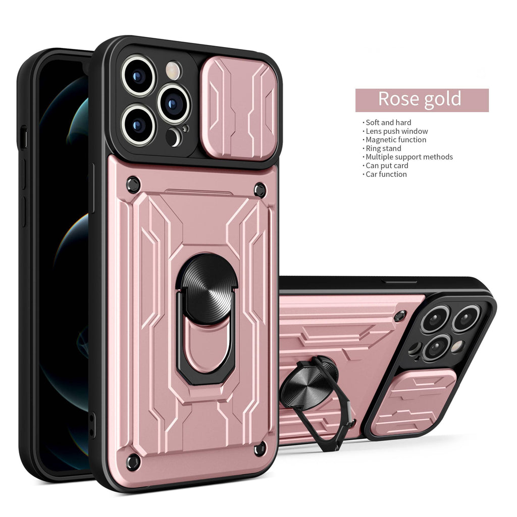 Heavy Duty Armor Case Card Pocket for iPhone 11 Pro 7 8 Plus Magnetic Phone Holder Cover Slide Lens Protection Design Card Holder Slot With Rotating Ring Armor Bumper Shockproof Case Stevvex