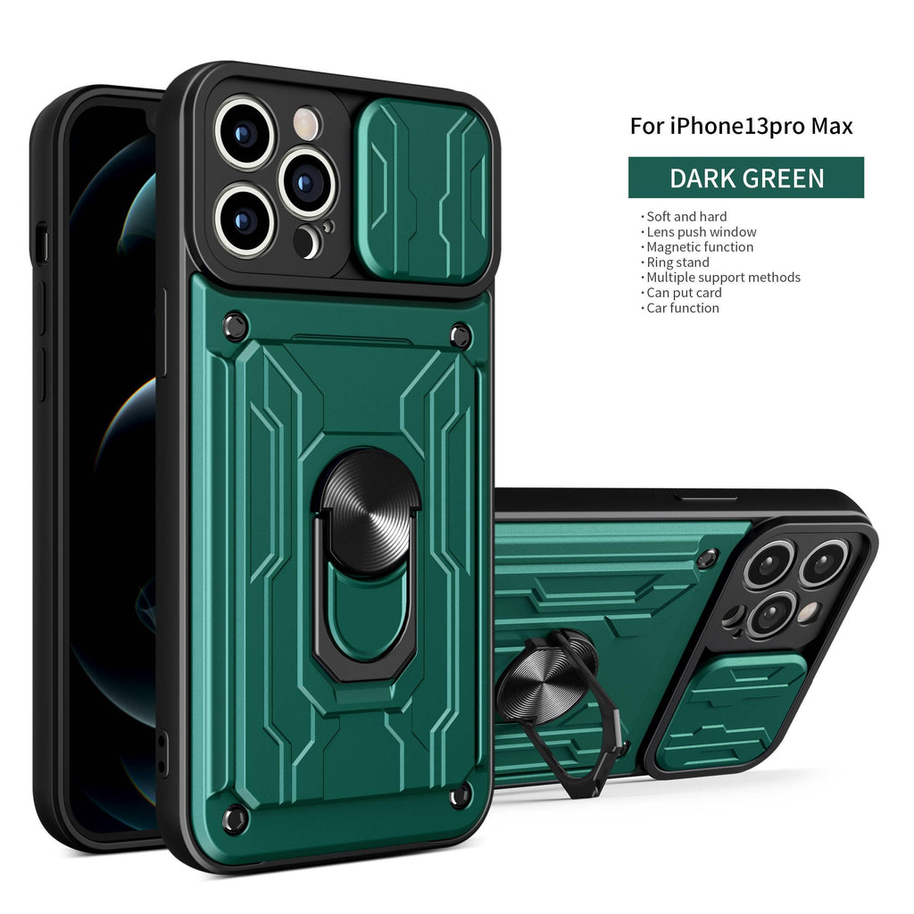 Heavy Duty Armor Case Card Pocket for iPhone 11 Pro 7 8 Plus Magnetic Phone Holder Cover Slide Lens Protection Design Card Holder Slot With Rotating Ring Armor Bumper Shockproof Case Stevvex