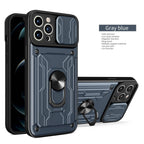 Heavy Duty Armor Case Card Pocket for iPhone 11 Pro 7 8 Plus Magnetic Phone Holder Cover Slide Lens Protection Design Card Holder Slot With Rotating Ring Armor Bumper Shockproof Case Stevvex