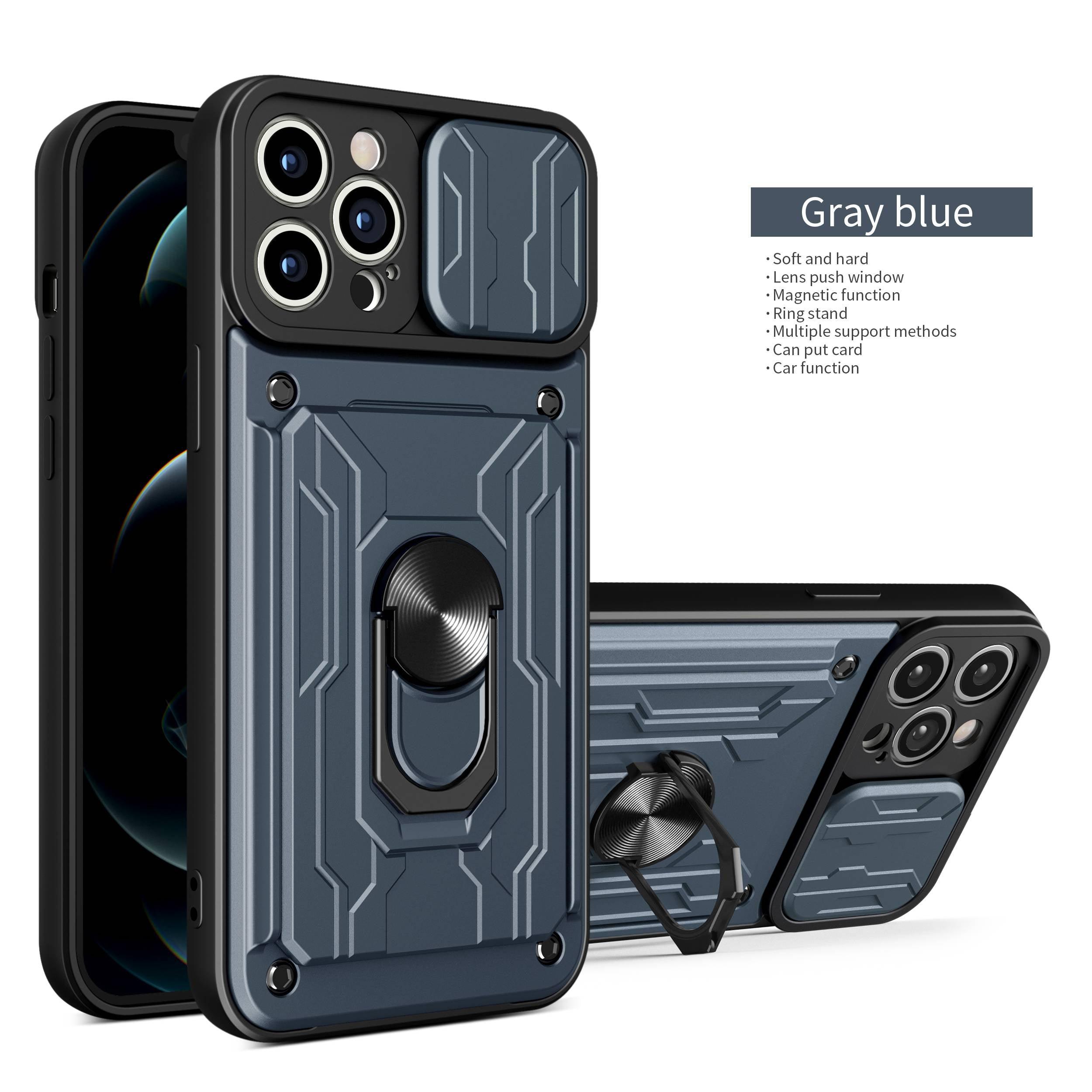 Heavy Duty Armor Case Card Pocket for iPhone 11 Pro 7 8 Plus Magnetic Phone Holder Cover Slide Lens Protection Design Card Holder Slot With Rotating Ring Armor Bumper Shockproof Case Stevvex