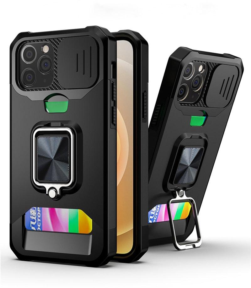 Heavy Duty Kickstand Stand Ring Shockproof Protective Cases Cover Camera Protection Magnetic Holder Case For iPhone 14 13 12 Pro Max Shockproof Card Slot Stand Cover Stevvex