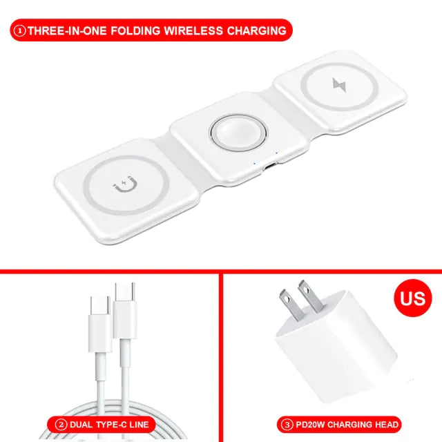 Foldable 3 in 1 Wireless Charger for iPhone and Apple Watch Pi-Mart