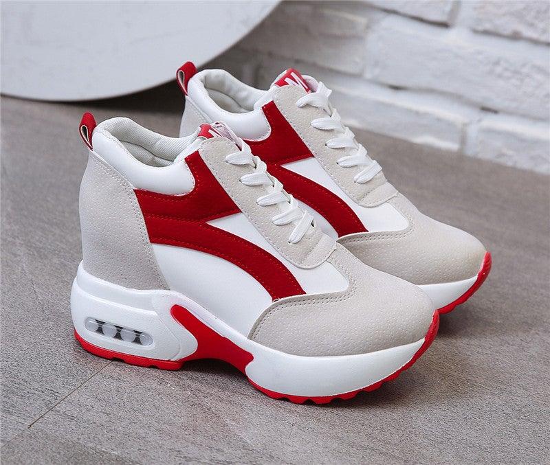 High Heel Womens Sneakers Shoes Red Black Air Cushion Casual Shoes Women Sneakers Modern Shoes Classic Athletic Sports Walking Shoes With Lace Up Platform Leather Trainers Stevvex