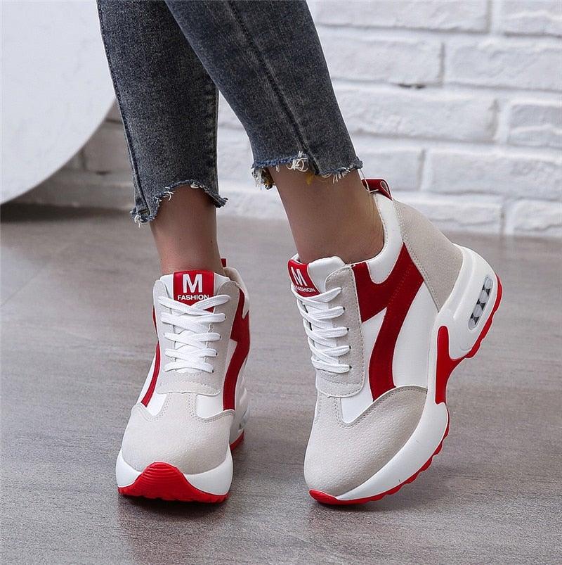High Heel Womens Sneakers Shoes Red Black Air Cushion Casual Shoes Women Sneakers Modern Shoes Classic Athletic Sports Walking Shoes With Lace Up Platform Leather Trainers Stevvex