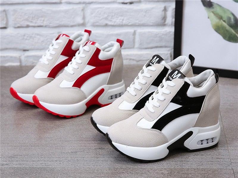 High Heel Womens Sneakers Shoes Red Black Air Cushion Casual Shoes Women Sneakers Modern Shoes Classic Athletic Sports Walking Shoes With Lace Up Platform Leather Trainers Stevvex