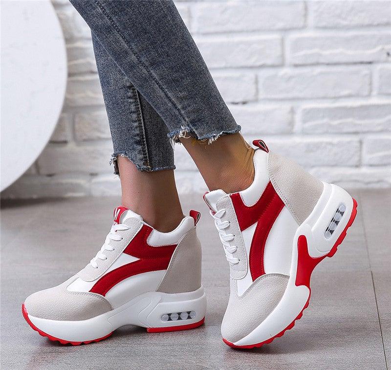 High Heel Womens Sneakers Shoes Red Black Air Cushion Casual Shoes Women Sneakers Modern Shoes Classic Athletic Sports Walking Shoes With Lace Up Platform Leather Trainers Stevvex