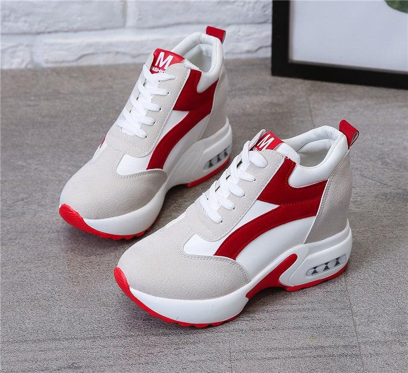 High Heel Womens Sneakers Shoes Red Black Air Cushion Casual Shoes Women Sneakers Modern Shoes Classic Athletic Sports Walking Shoes With Lace Up Platform Leather Trainers Stevvex