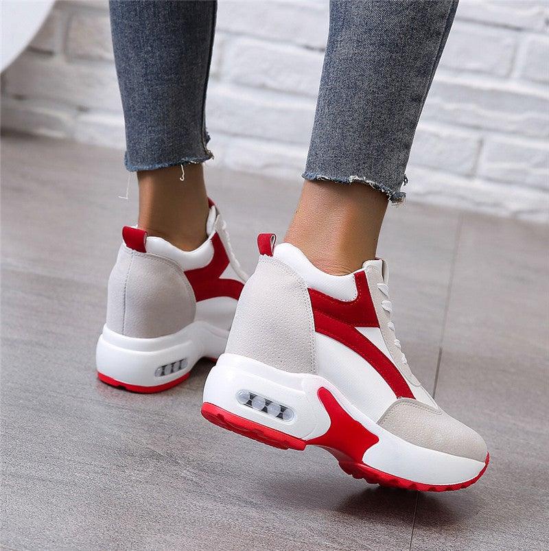 High Heel Womens Sneakers Shoes Red Black Air Cushion Casual Shoes Women Sneakers Modern Shoes Classic Athletic Sports Walking Shoes With Lace Up Platform Leather Trainers Stevvex