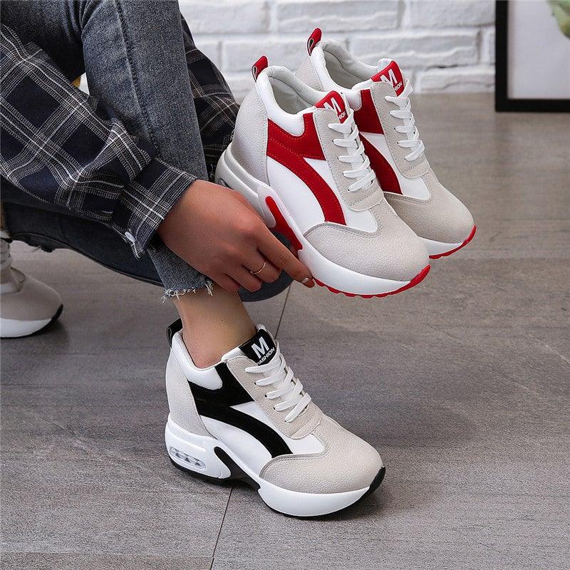 High Heel Womens Sneakers Shoes Red Black Air Cushion Casual Shoes Women Sneakers Modern Shoes Classic Athletic Sports Walking Shoes With Lace Up Platform Leather Trainers Stevvex