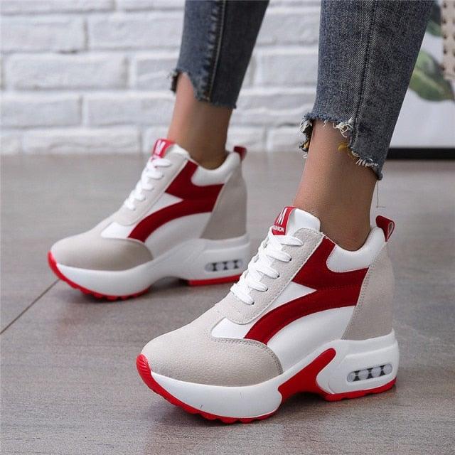 High Heel Womens Sneakers Shoes Red Black Air Cushion Casual Shoes Women Sneakers Modern Shoes Classic Athletic Sports Walking Shoes With Lace Up Platform Leather Trainers Stevvex