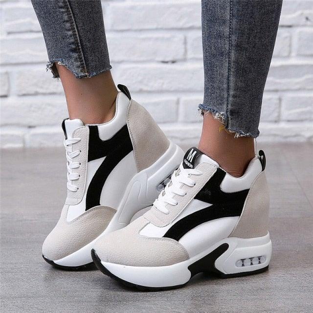 High Heel Womens Sneakers Shoes Red Black Air Cushion Casual Shoes Women Sneakers Modern Shoes Classic Athletic Sports Walking Shoes With Lace Up Platform Leather Trainers Stevvex