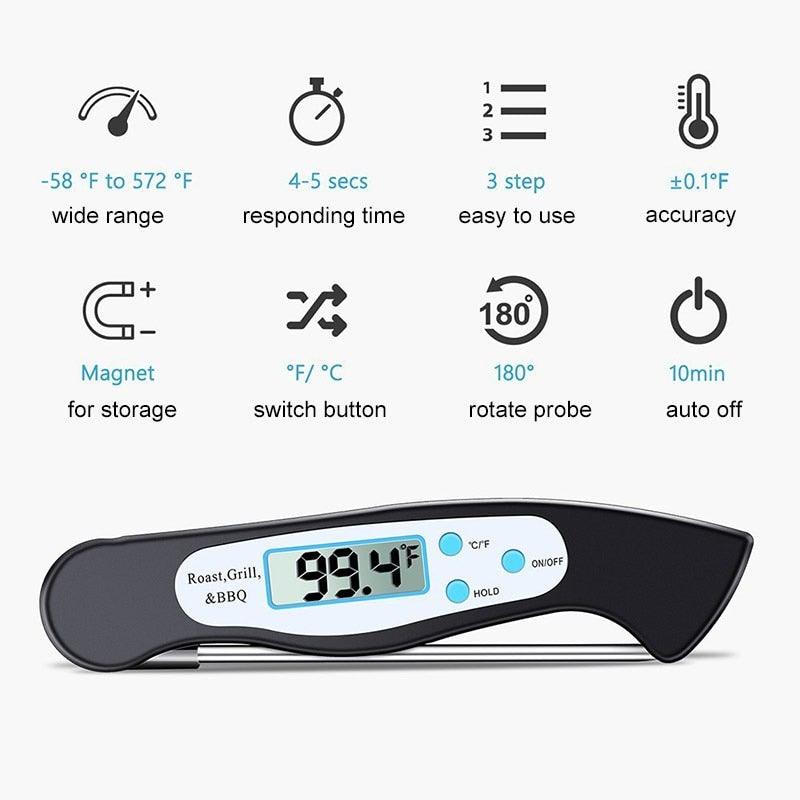 High Quality Foldable Food Thermometer Probe Digital BBQ Meat Kitchen Thermometer  Instant Read Meat Thermometer With 4.6” Folding Probe Backlight & Calibration Function For Cooking Food Candy BBQ Grill Liquids Beef Liquid Water Oil Temperature Gauge Stevvex