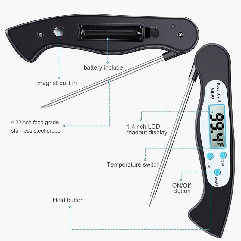 High Quality Foldable Food Thermometer Probe Digital BBQ Meat Kitchen Thermometer  Instant Read Meat Thermometer With 4.6” Folding Probe Backlight & Calibration Function For Cooking Food Candy BBQ Grill Liquids Beef Liquid Water Oil Temperature Gauge Stevvex