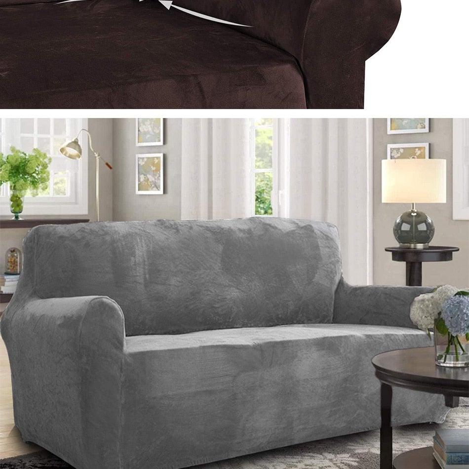High Quality Velvet Plush Sofa Cover for Living Room Sectional Couch Cover Elastic Case Sofa Slipcover Stretch 1/2/3/4 Seater Velvet Sofa Couch Furniture Protector Soft Anti-Slip High Stretch Stevvex