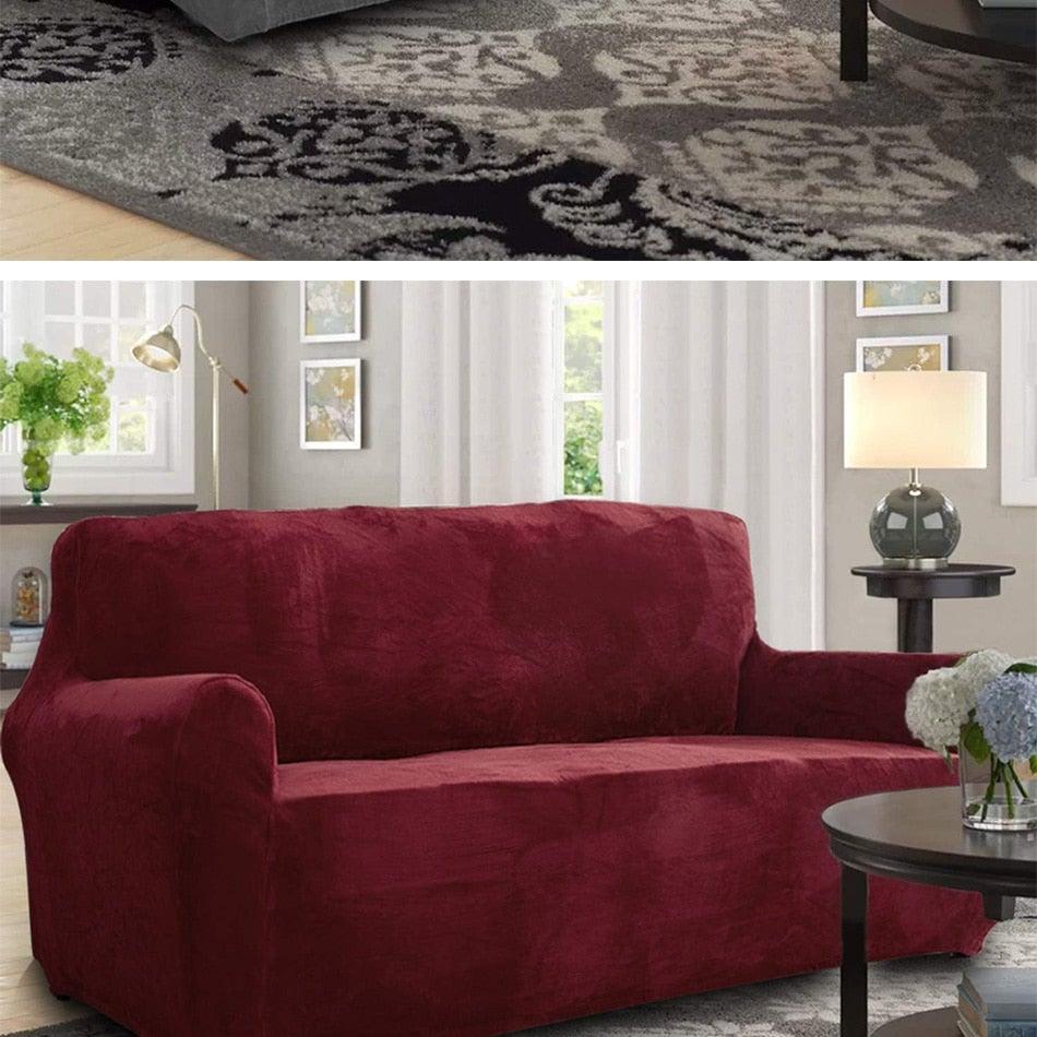 High Quality Velvet Plush Sofa Cover for Living Room Sectional Couch Cover Elastic Case Sofa Slipcover Stretch 1/2/3/4 Seater Velvet Sofa Couch Furniture Protector Soft Anti-Slip High Stretch Stevvex