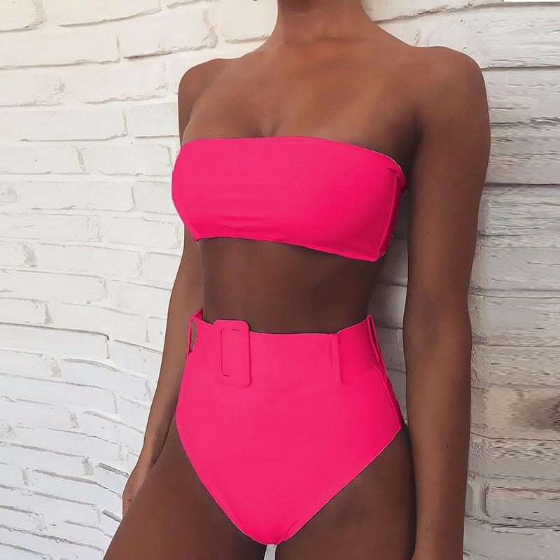 High Waist Bikini Black Swimwear Women Swimsuit High Leg Bikinis Set Women High Waist Bandeau Bikini Set Strapless 2 Piece Bathing Suit Swimsuits Tie Wrap Swimsuits Swimming for Bathing Suit Woman Swimsuits Stevvex