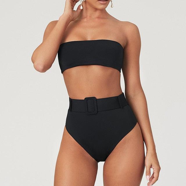 High Waist Bikini Black Swimwear Women Swimsuit High Leg Bikinis Set Women High Waist Bandeau Bikini Set Strapless 2 Piece Bathing Suit Swimsuits Tie Wrap Swimsuits Swimming for Bathing Suit Woman Swimsuits Stevvex