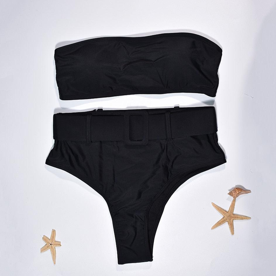 High Waist Bikini Black Swimwear Women Swimsuit High Leg Bikinis Set Women High Waist Bandeau Bikini Set Strapless 2 Piece Bathing Suit Swimsuits Tie Wrap Swimsuits Swimming for Bathing Suit Woman Swimsuits Stevvex