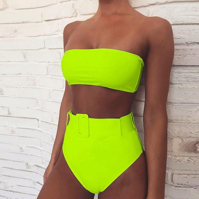 High Waist Bikini Black Swimwear Women Swimsuit High Leg Bikinis Set Women High Waist Bandeau Bikini Set Strapless 2 Piece Bathing Suit Swimsuits Tie Wrap Swimsuits Swimming for Bathing Suit Woman Swimsuits Stevvex