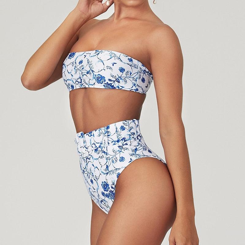 High Waist Bikini Black Swimwear Women Swimsuit High Leg Bikinis Set Women High Waist Bandeau Bikini Set Strapless 2 Piece Bathing Suit Swimsuits Tie Wrap Swimsuits Swimming for Bathing Suit Woman Swimsuits Stevvex