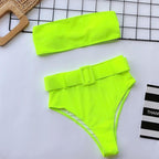 High Waist Bikini Black Swimwear Women Swimsuit High Leg Bikinis Set Women High Waist Bandeau Bikini Set Strapless 2 Piece Bathing Suit Swimsuits Tie Wrap Swimsuits Swimming for Bathing Suit Woman Swimsuits Stevvex