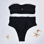High Waist Bikini Black Swimwear Women Swimsuit High Leg Bikinis Set Women High Waist Bandeau Bikini Set Strapless 2 Piece Bathing Suit Swimsuits Tie Wrap Swimsuits Swimming for Bathing Suit Woman Swimsuits Stevvex