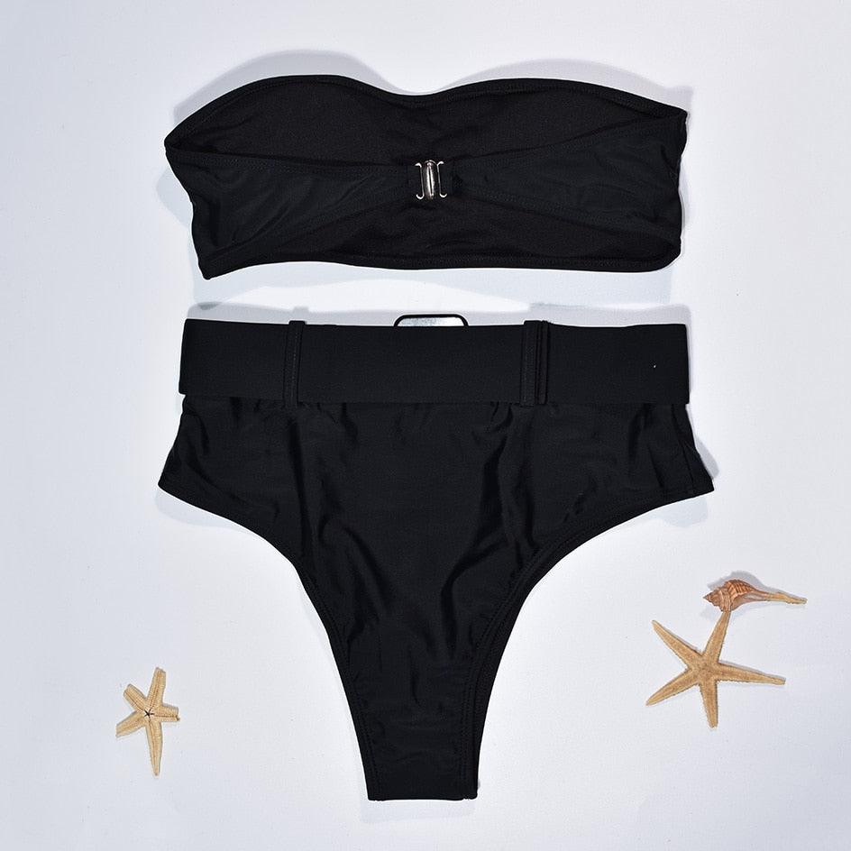 High Waist Bikini Black Swimwear Women Swimsuit High Leg Bikinis Set Women High Waist Bandeau Bikini Set Strapless 2 Piece Bathing Suit Swimsuits Tie Wrap Swimsuits Swimming for Bathing Suit Woman Swimsuits Stevvex