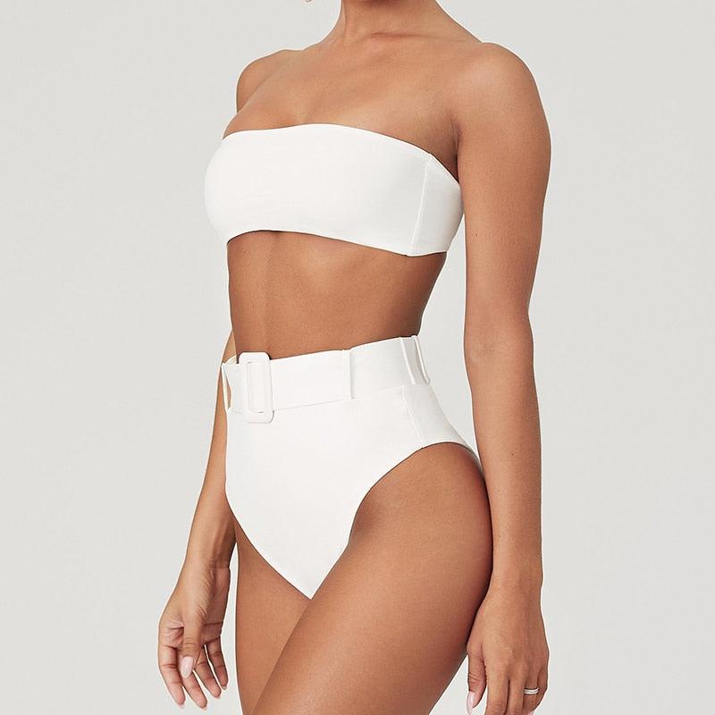 High Waist Bikini Black Swimwear Women Swimsuit High Leg Bikinis Set Women High Waist Bandeau Bikini Set Strapless 2 Piece Bathing Suit Swimsuits Tie Wrap Swimsuits Swimming for Bathing Suit Woman Swimsuits Stevvex